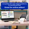 Brother label printer on desk with laptop displaying shipping platform logos
