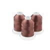 Three cocoa brown embroidery thread spools on white bases