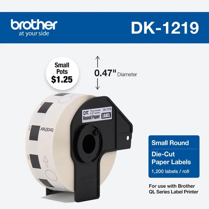 Brother DK-1219 round die-cut paper labels, 0.47-inch diameter, 1,200 labels per roll
