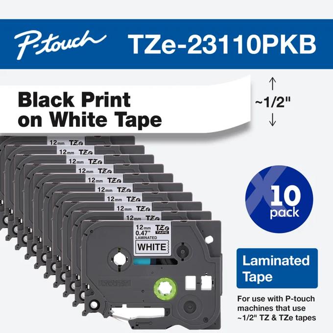 Brother P-touch TZe-23110PKB laminated tape cartridges, 10-pack, black on white, 1/2 inch