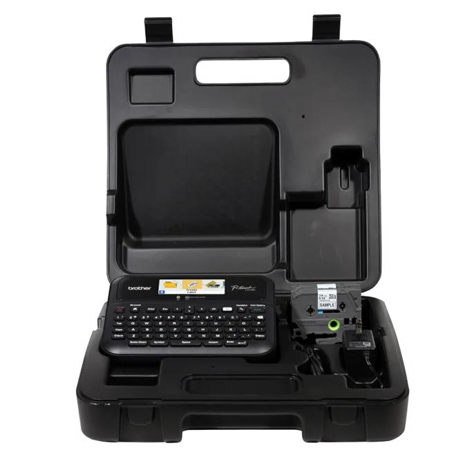 Brother P-touch portable label maker with QWERTY keyboard and tape cartridge in hard case