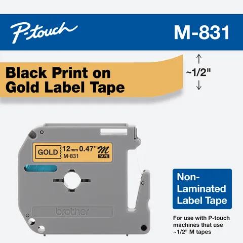 Brother P-touch M-831 non-laminated label tape cartridge with black print on gold, 1/2 inch wide