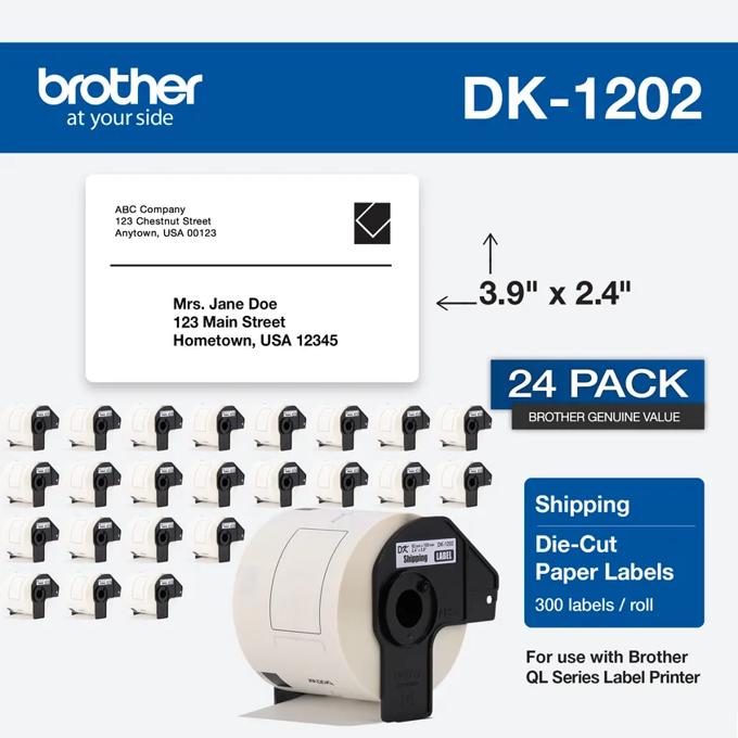 Brother DK-1202 shipping labels, 24-pack die-cut paper rolls for QL series label printers