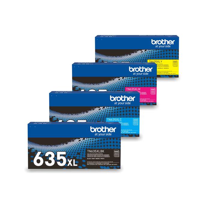 Brother TN635XL high-yield toner cartridges in black, cyan, magenta, and yellow