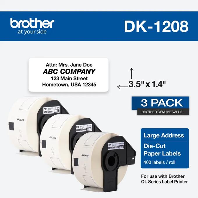 Brother DK-1208 large address die-cut paper labels 3-pack for QL series label printers