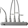 Surge protector with labeled outlets for organizing printer, laptop, and monitor cables