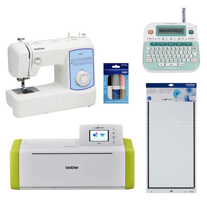 Brother crafting bundle with sewing machine, label maker, cutting machine, thread, and mat