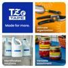 Brother P-touch TZe tape organizing garden tools, cleaning supplies, and homemade salsa jars