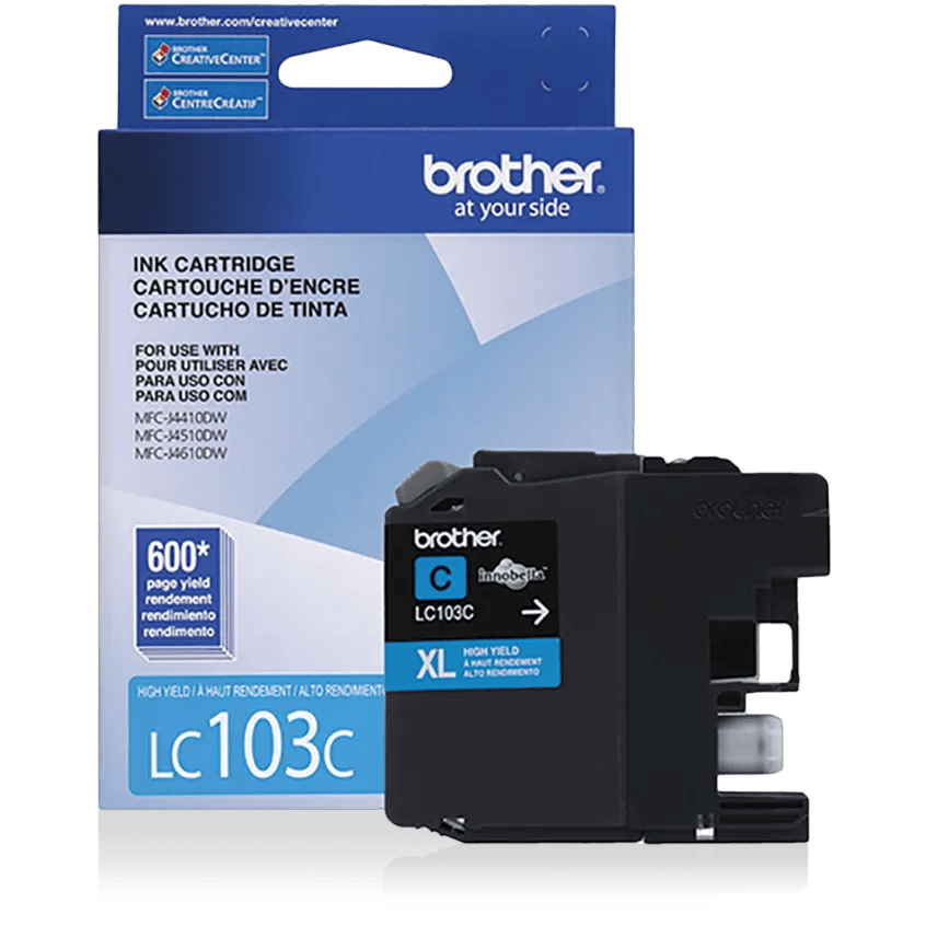 Brother LC103C cyan ink cartridge with packaging, high-yield XL capacity
