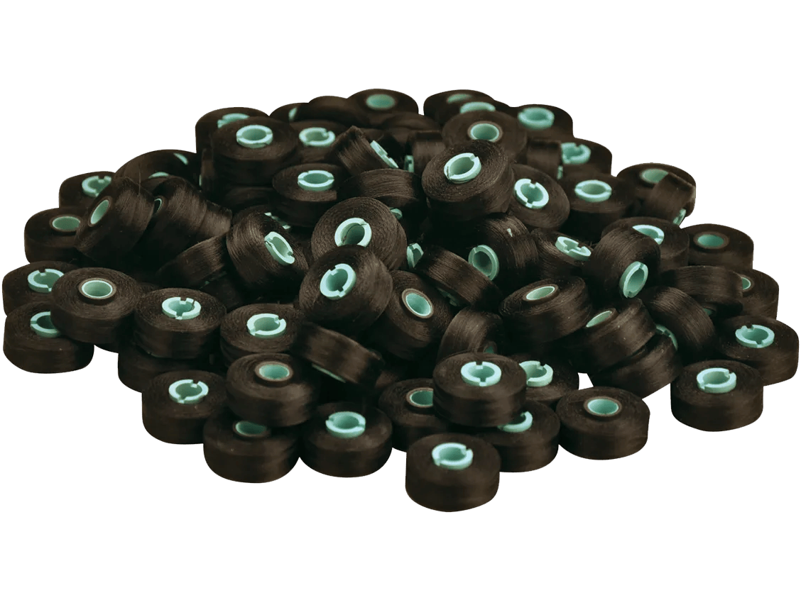 Brother PRWB130B brown pre-wound embroidery bobbins with teal cores