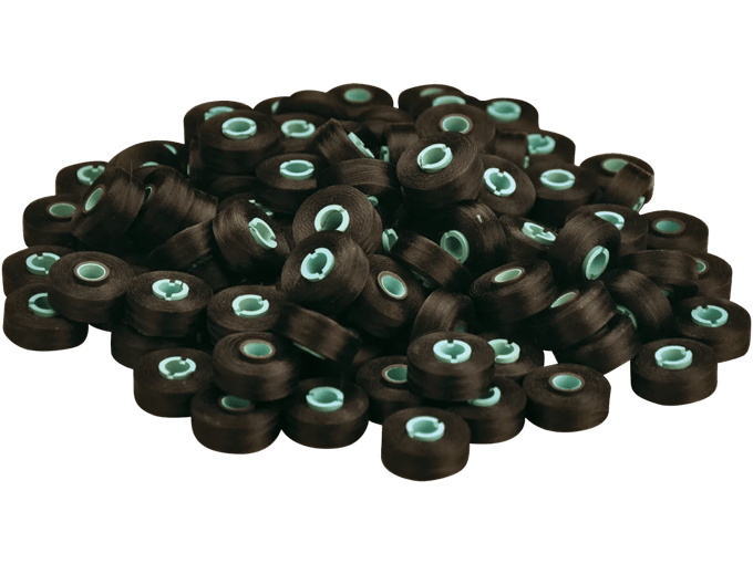 Brother PRWB130B brown pre-wound embroidery bobbins with teal cores