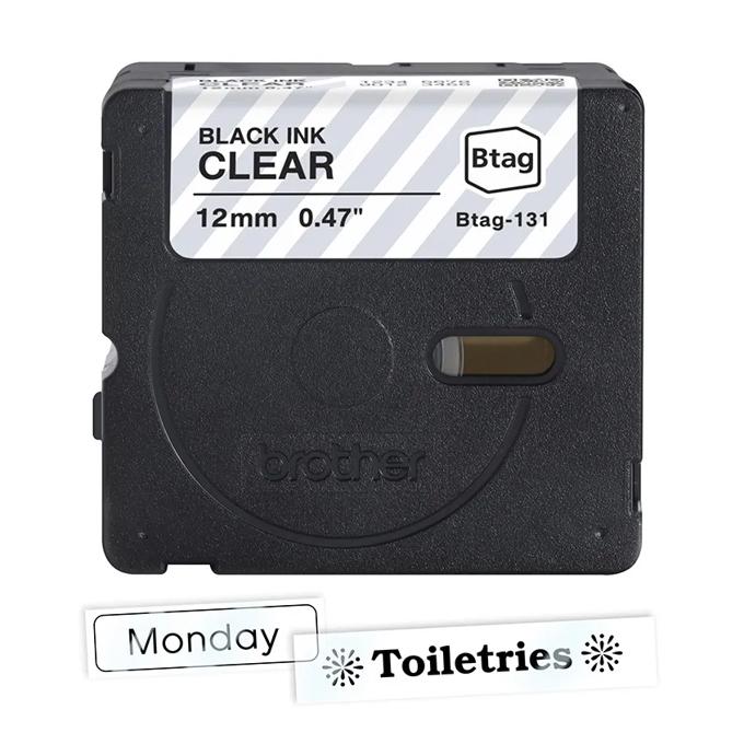 Brother Btag-131 labeling tape cartridge, 12mm, black ink on clear background