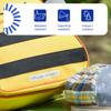 Brother fabric label tape on yellow bag showing abrasion, chemical, and indoor/outdoor resistance