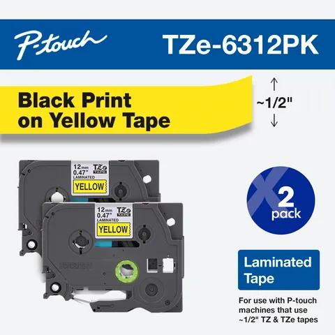 Brother TZe-6312PK 2-pack laminated tape cartridges with black print on yellow, 1/2-inch width