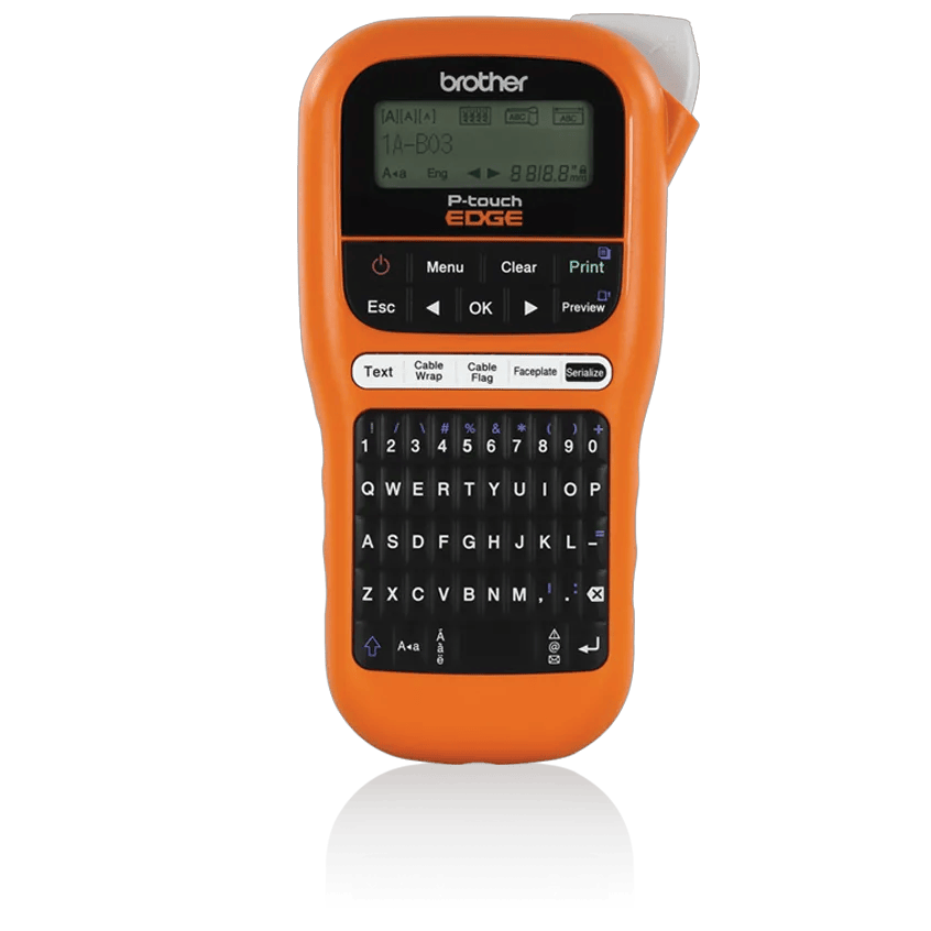 Brother P-touch EDGE handheld label maker in orange with QWERTY keyboard