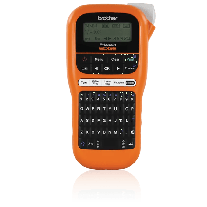 Brother P-touch EDGE handheld label maker in orange with QWERTY keyboard