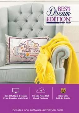 Brother PE&A Dream Edition embroidery machine software packaging with yellow fabric and decorative pillow
