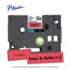 Brother P-touch TZe laminated tape cartridge in red with sample labels for organization