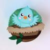 Blue paper bird craft sitting in nest with green patterned background