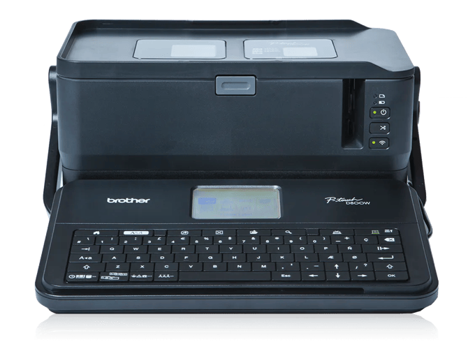 Brother P-touch D800W label maker with open lid, keyboard, and wireless connectivity