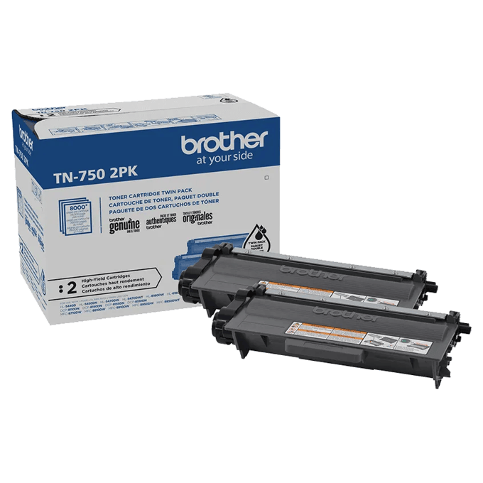 Brother TN-750 high-yield black toner cartridge twin pack with two cartridges