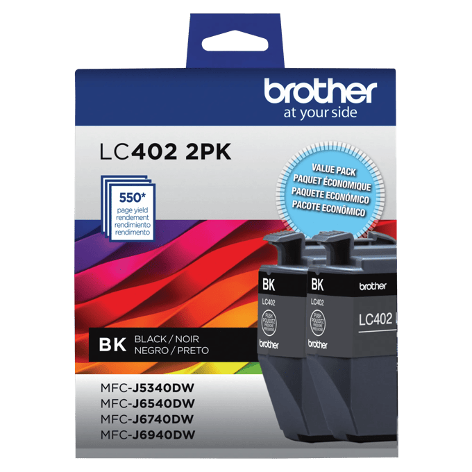 Brother LC402 2-pack black ink cartridges with 550-page yield for MFC-J series printers