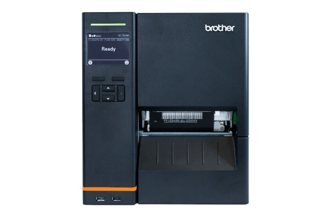 Brother TJ-4420TN industrial label printer with touchscreen display and open media compartment