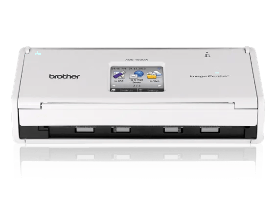 Brother ADS-1500W wireless compact document scanner with touchscreen display