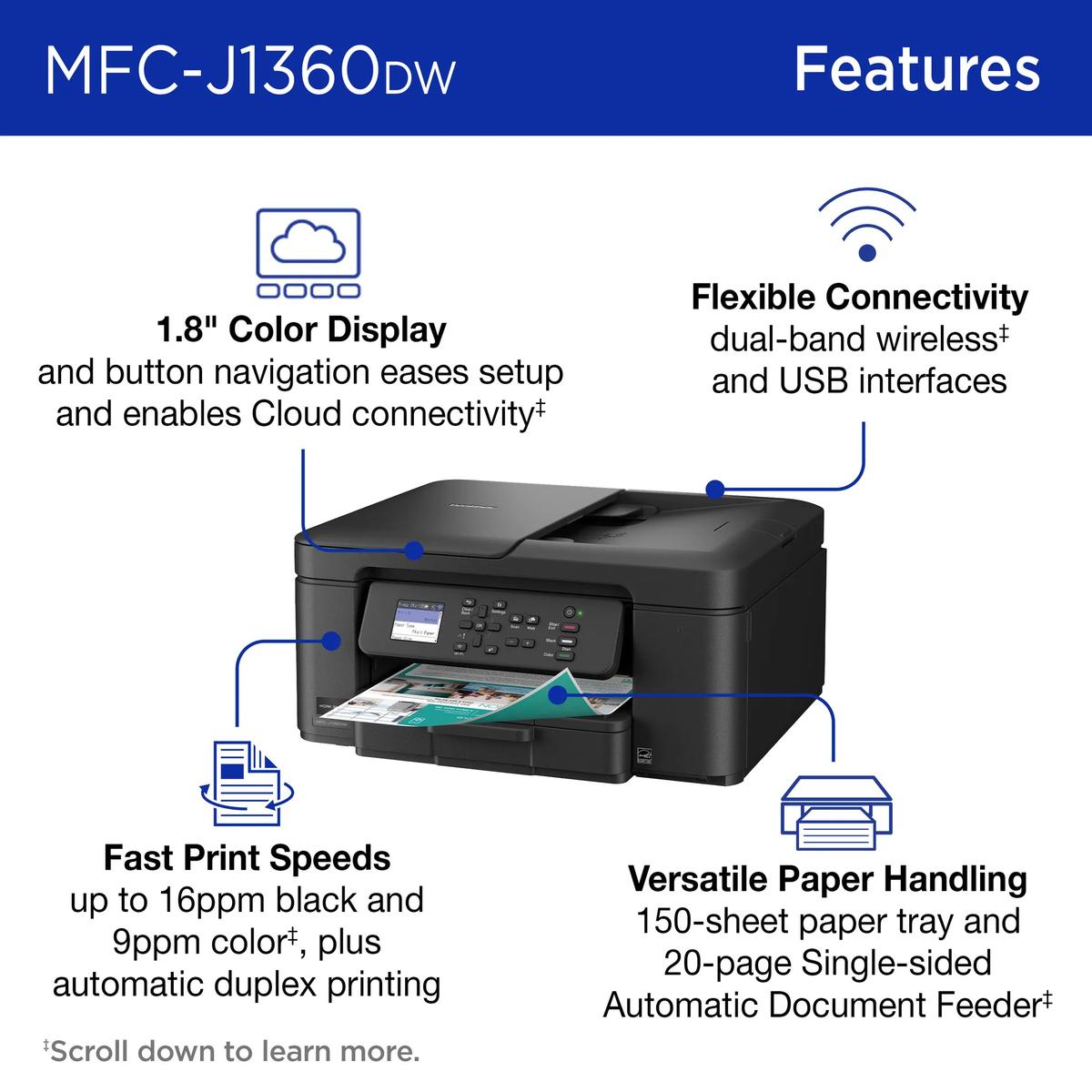 MFC-J1360DW features: 1.8-inch color display, dual-band wireless and USB, up to 16 ppm black and 9 ppm color with automatic duplex, 150-sheet tray and 20-page document feeder