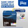 Brother TN-331 3-pack genuine toner cartridges in new packaging with cyan, magenta, yellow colors