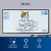 Brother PE535 embroidery machine touchscreen displaying cat in teacup design with editing controls