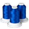 Three spools of blue embroidery thread on white bases for Brother sewing machines