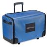Blue rolling sewing machine tote with telescoping handle and storage pockets