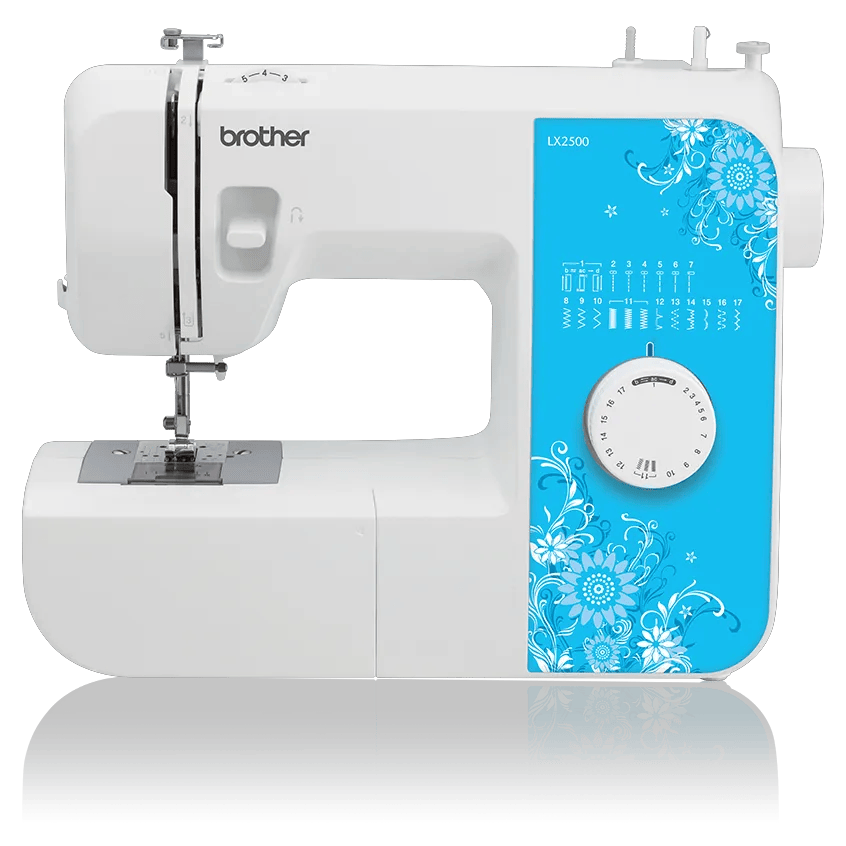 Brother LX2500 sewing machine with white body and blue floral panel featuring 17 built-in stitches