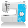 Brother LX2500 sewing machine with white body and blue floral panel featuring 17 built-in stitches