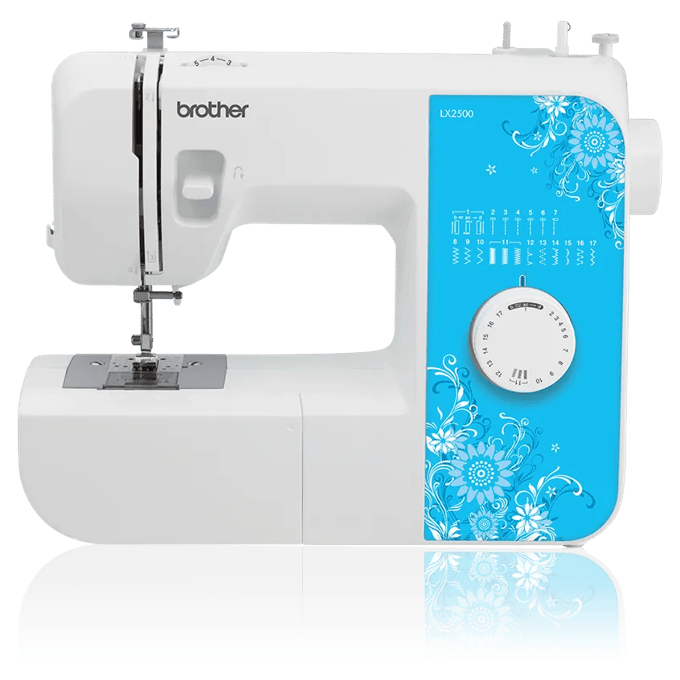 Brother LX2500 sewing machine with white body and blue floral panel featuring 17 built-in stitches