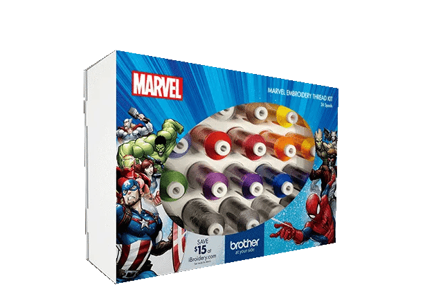 Brother Marvel embroidery thread set with 15 spools in vibrant superhero-themed colors