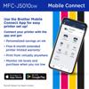 Brother MFC-J5010DW all-in-one printer with Mobile Connect app interface on smartphone