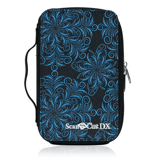 Brother ScanNCut DX carrying case with blue floral pattern on black fabric
