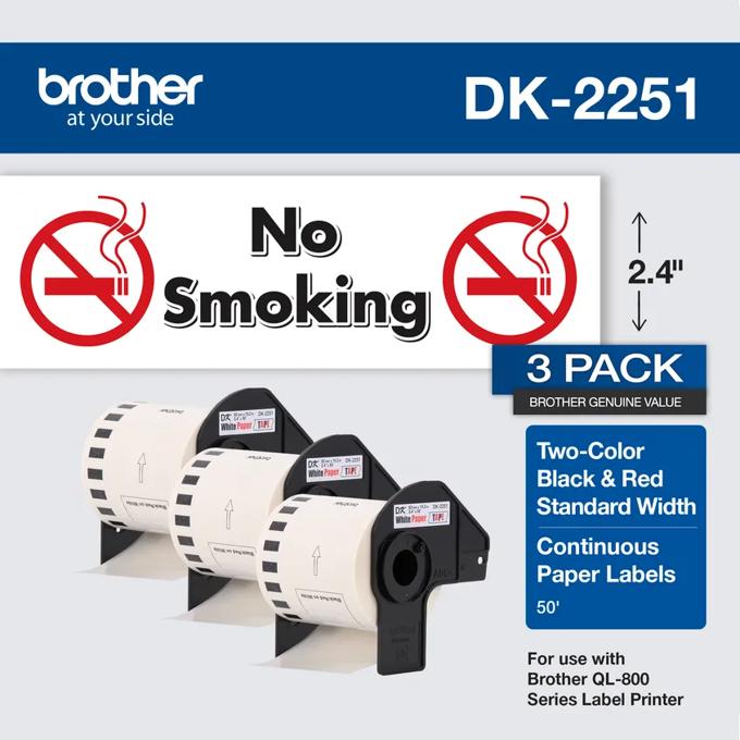 Brother DK-2251 continuous paper label rolls, 3-pack, black and red, 2.4 inches wide
