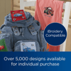 Brother embroidery machine with iBroidery compatible feature shown with embroidered backpack and towels