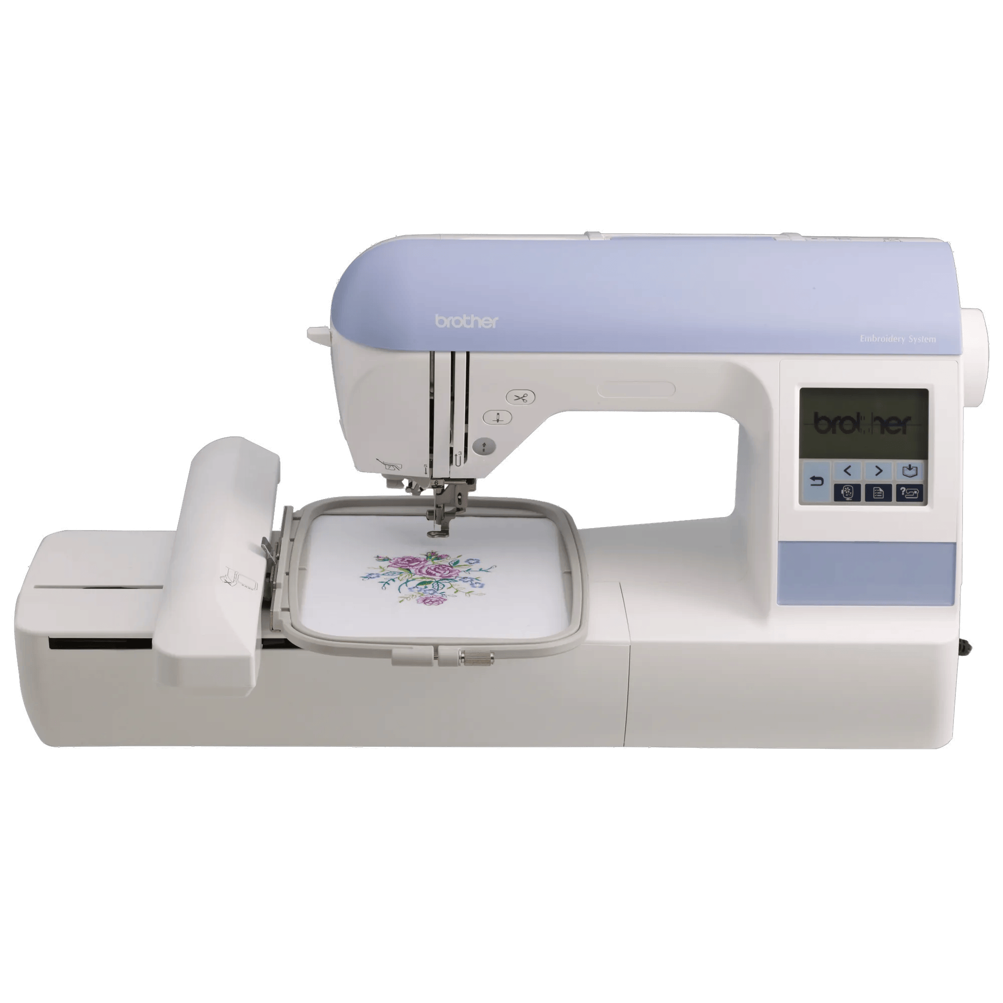 Brother PE770 embroidery machine with LCD screen and floral design in hoop