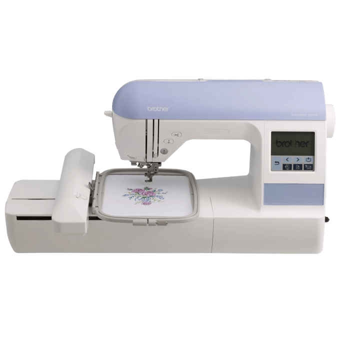 Brother PE770 embroidery machine with LCD screen and floral design in hoop