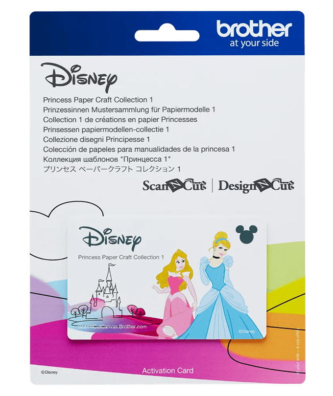 Tarjeta de activación de la colección de manualidades en papel de Disney Princesa de Brother con castillo y personajes