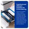 Brother embroidery machine with blue hoop stitching personalized text on black fabric