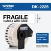 Brother DK-2225 continuous paper label roll in black cartridge with fragile handling instructions