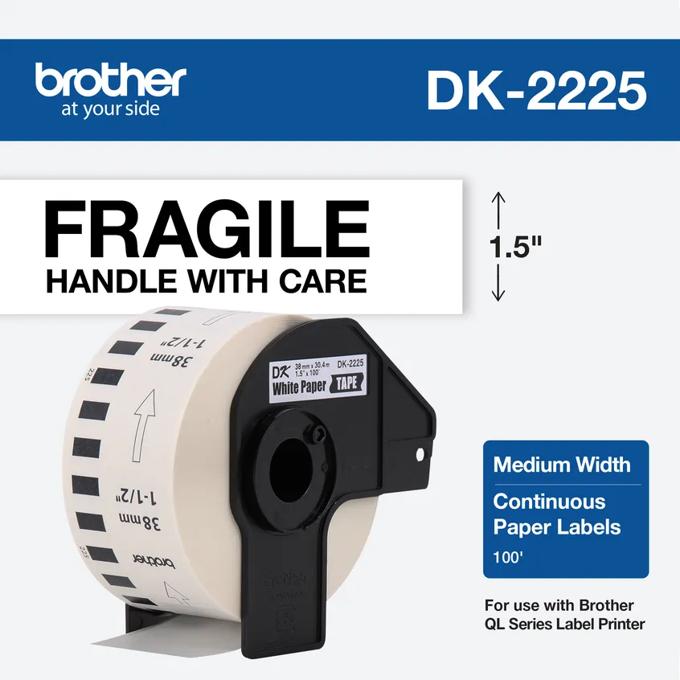 Brother DK-2225 continuous paper label roll in black cartridge with fragile handling instructions