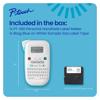 Brother P-touch N10 handheld label maker with blue-on-white tape cartridge and dimensions shown