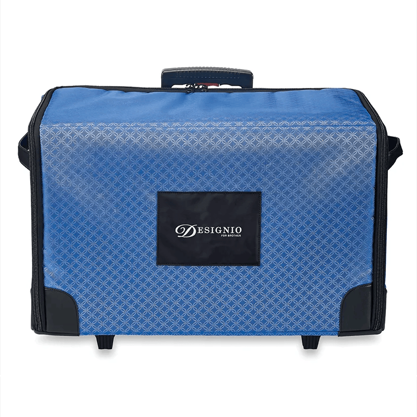 Brother Designio blue rolling tote bag with black trim and handle