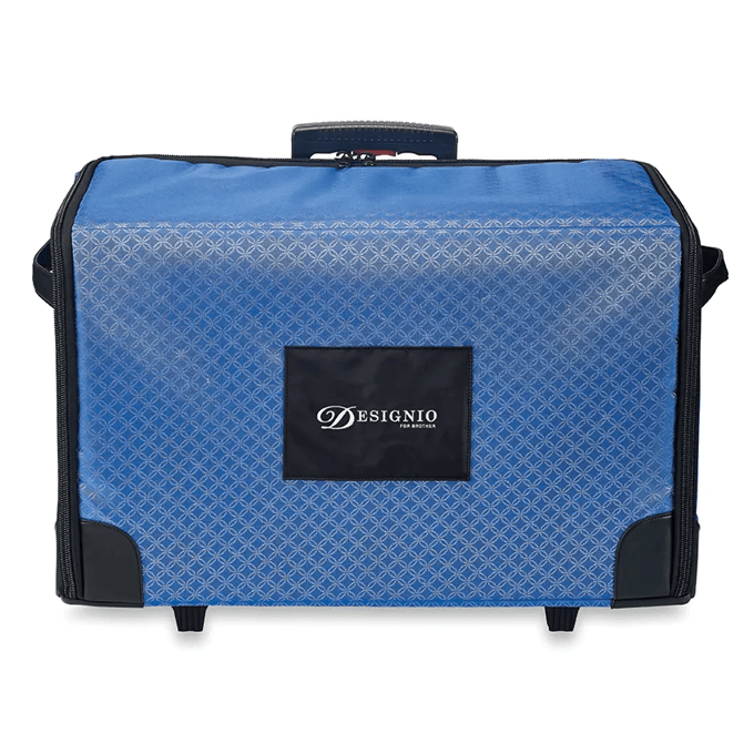 Brother Designio blue rolling tote bag with black trim and handle
